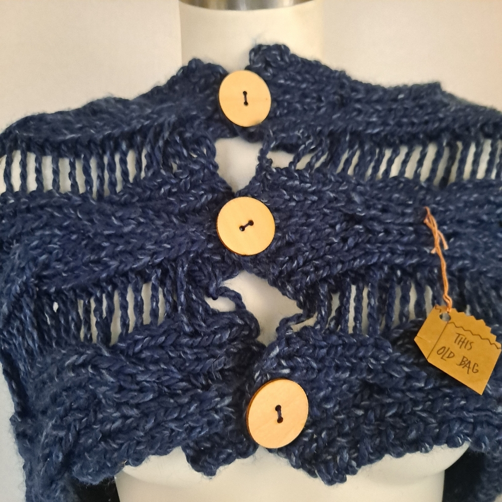 Neck Warmer Scarf Knitted 3 Button Handmade Blue Tan Artistic Artisan Cr…